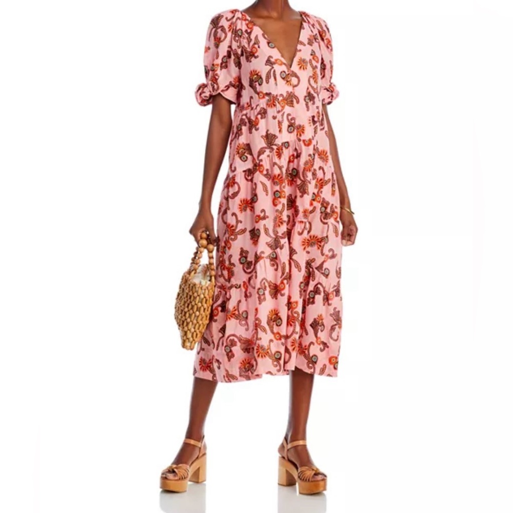 A.L.C. Camela Printed Puff-Sleeve Tiered Midi Dress, Pink Floral, 10